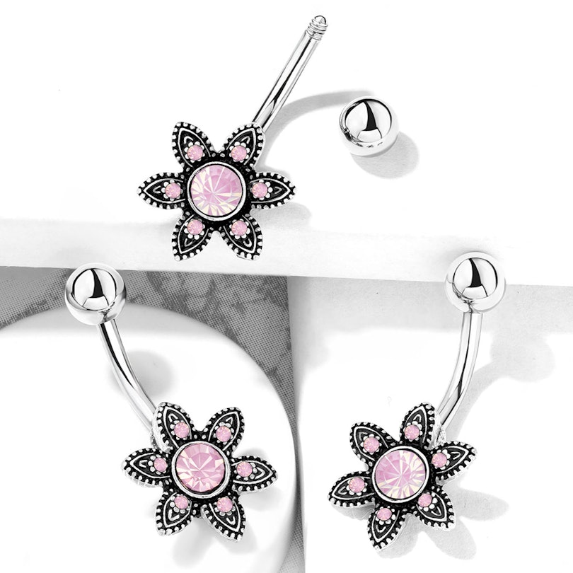 Köldök piercing virág dizájnnal, kerek opalit kővel