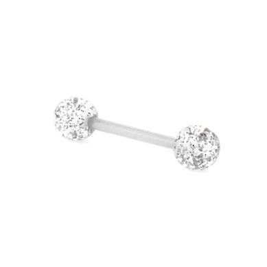 Nyelvpiercing bioplastból, csillámos golyókkal