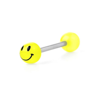Sötétben világító nyelv piercing smiley-val