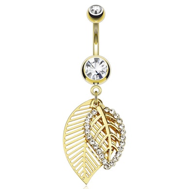 Aranyozott köldök piercing, levél medállal