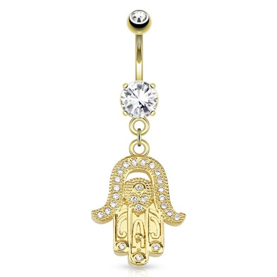 Köldök piercing arany bevonattal, hamsa kéz medállal