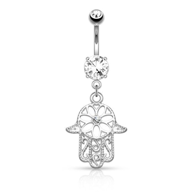 Köldök piercing kővel, hamsa medállal