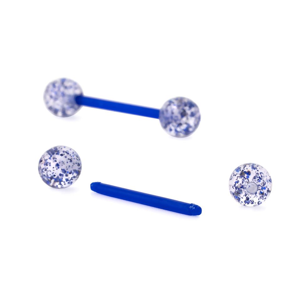 Nyelvpiercing bioplastból, csillámos golyókkal