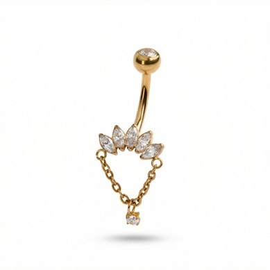 Köldökpiercing titánból marquise kövekkel és láncos medállal