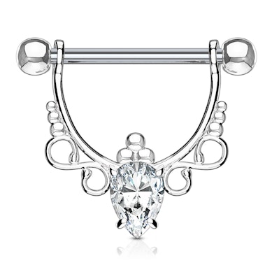 Mellbimbópajzs filigrán dizájnnal és körte alakú kővel