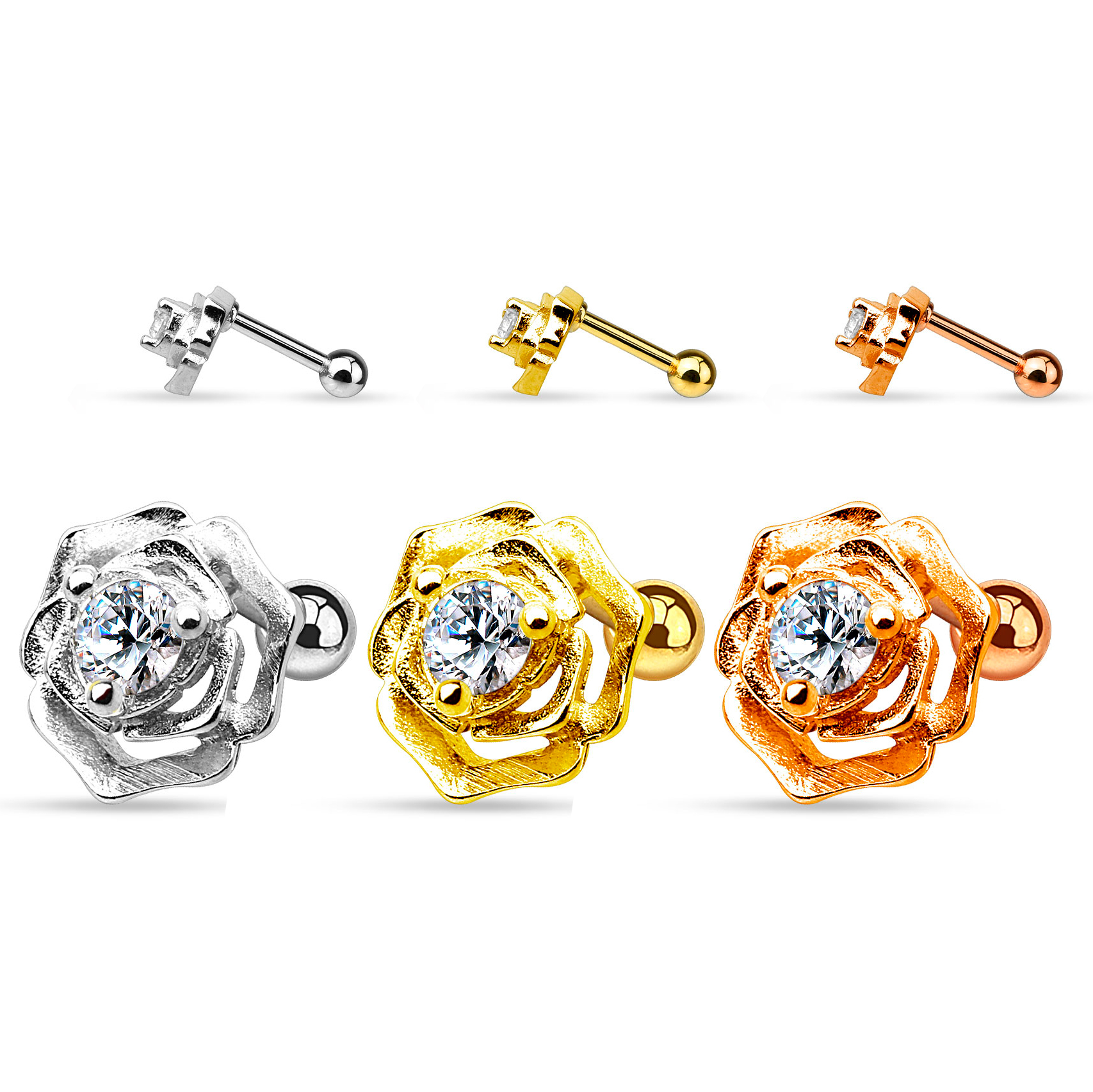 Fül piercing, rózsával és csillogó kővel díszítve