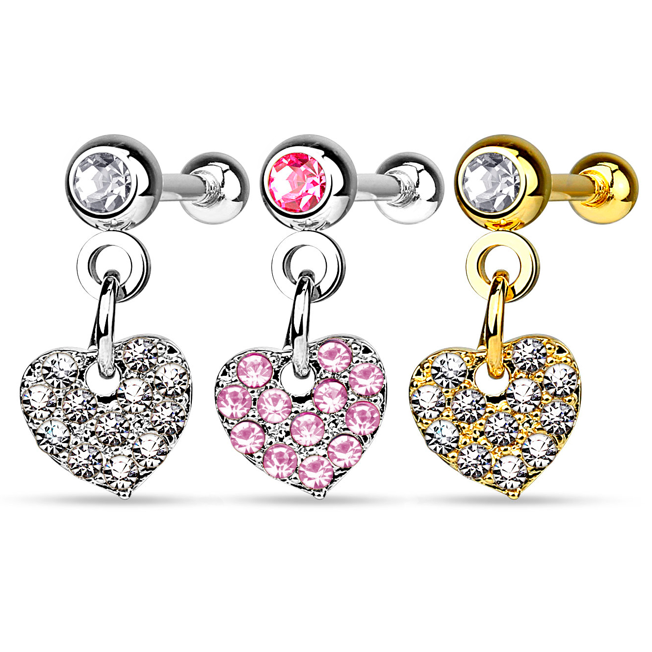 Fülpiercing csillogó köves szív medállal