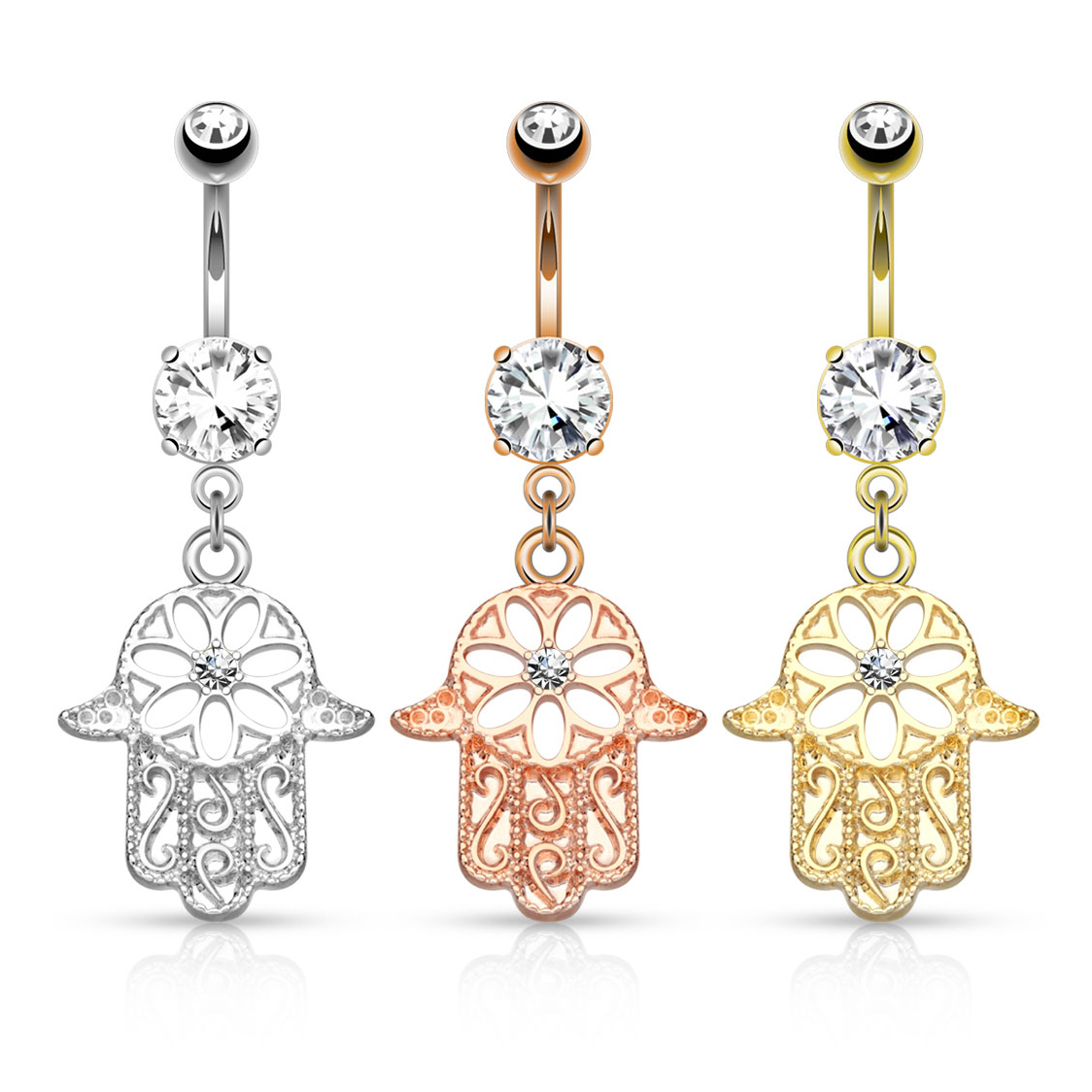 Köldök piercing kővel, hamsa medállal