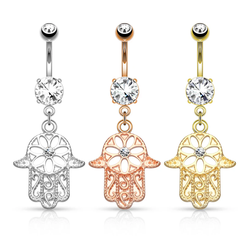 Köldök piercing kővel, hamsa medállal