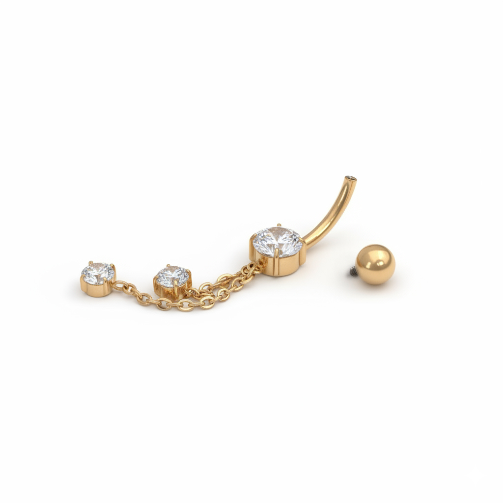 Köldökpiercing titánból láncokkal és kövekkel