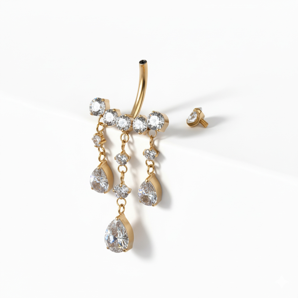 Titán köldökbarbell lógó kövekkel