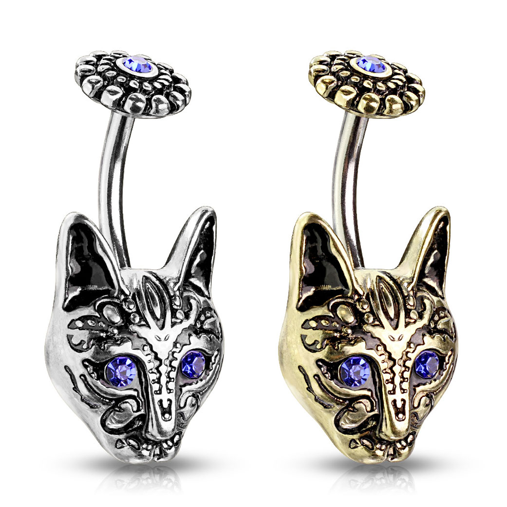 Köldökpiercing kékszemű tribal macskával