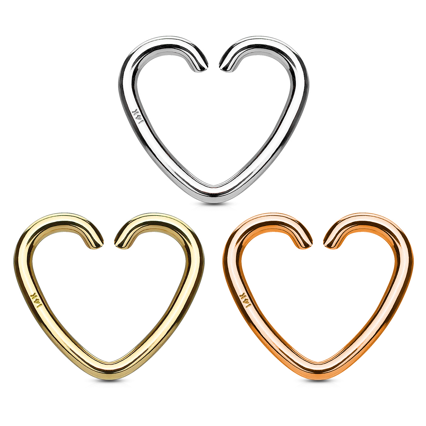 Fülpiercing 14 karátos aranyból, szív alakban