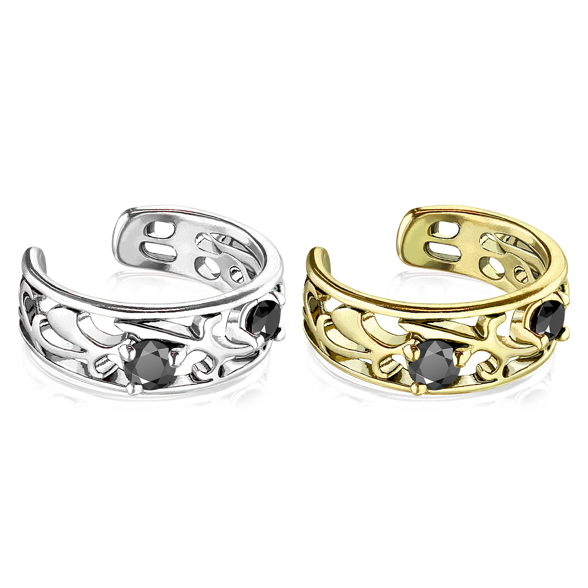 Fülgyűrű filigrán mintával és fekete kövekkel díszítve