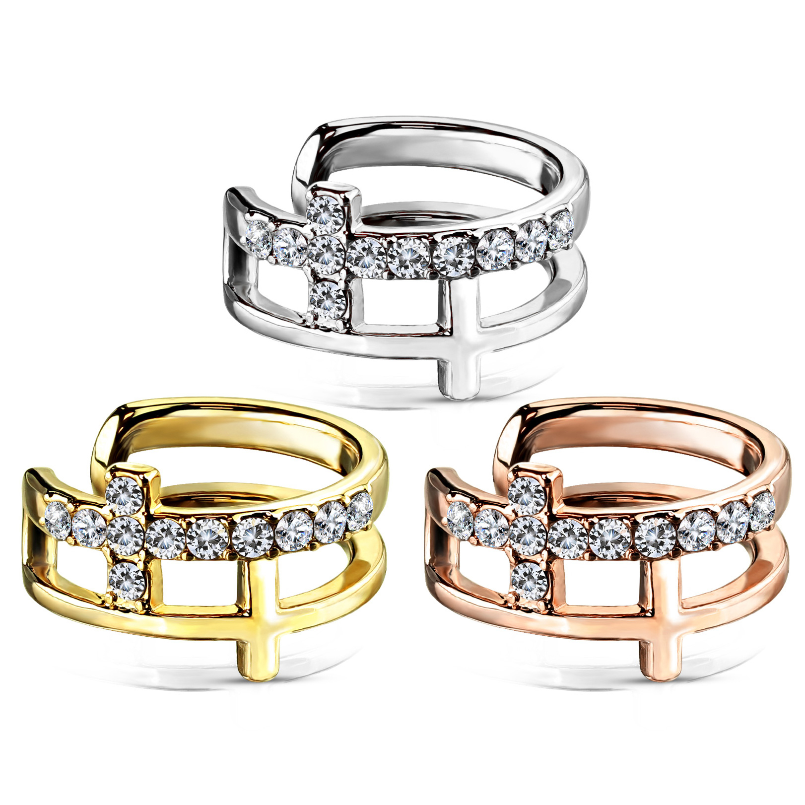 Fülgyűrű dupla kereszttel és kövecskékkel