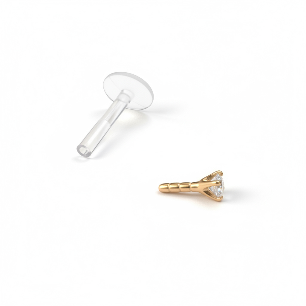 Labret 14 karátos arany foglalatos kővel, PTFE szárral