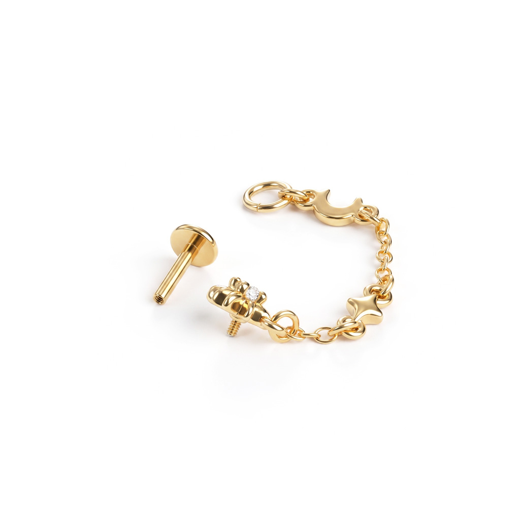 Csillagalakú labret hold- és csillagdíszes lánccal