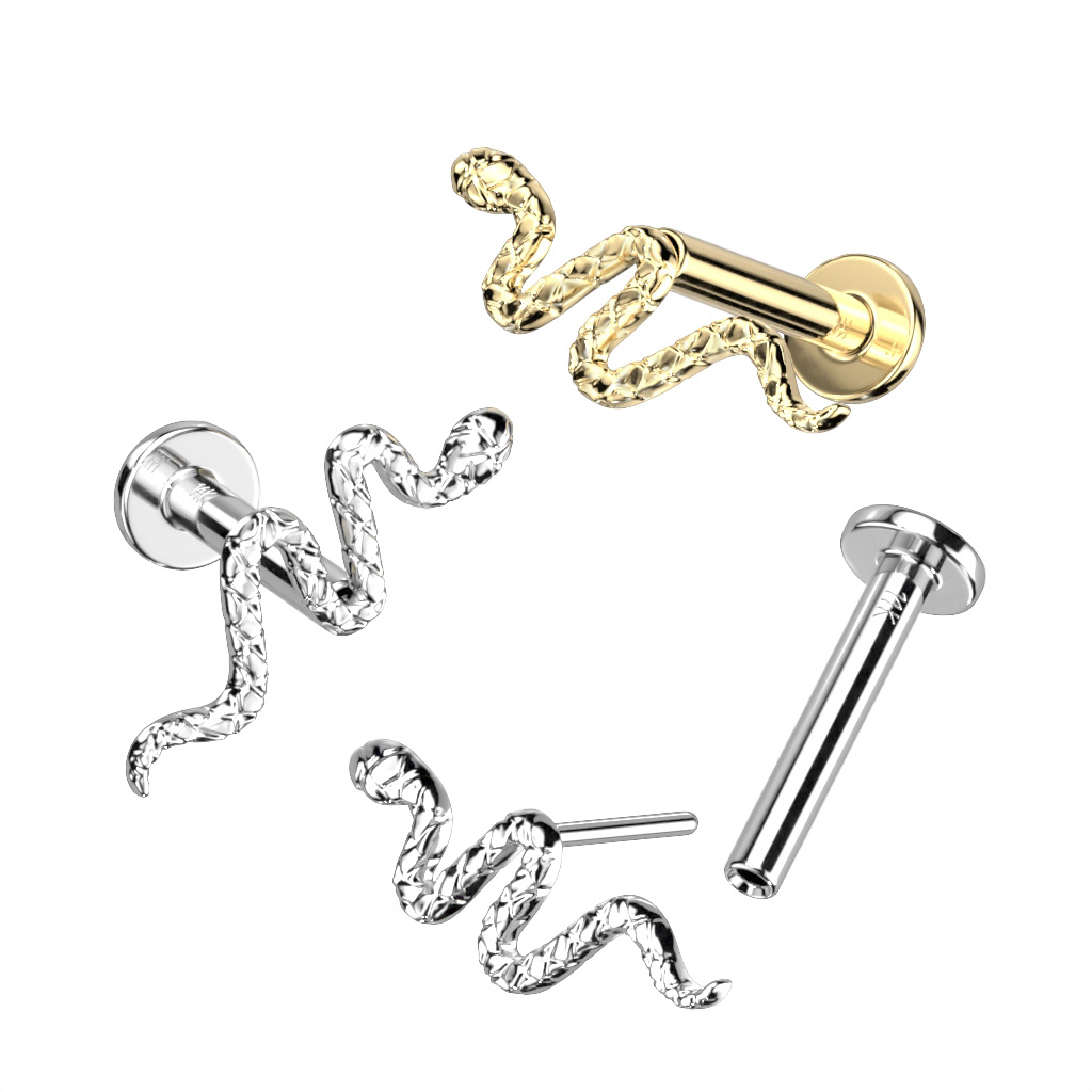 Push-in labret 14K aranyból, részletgazdag kígyóval
